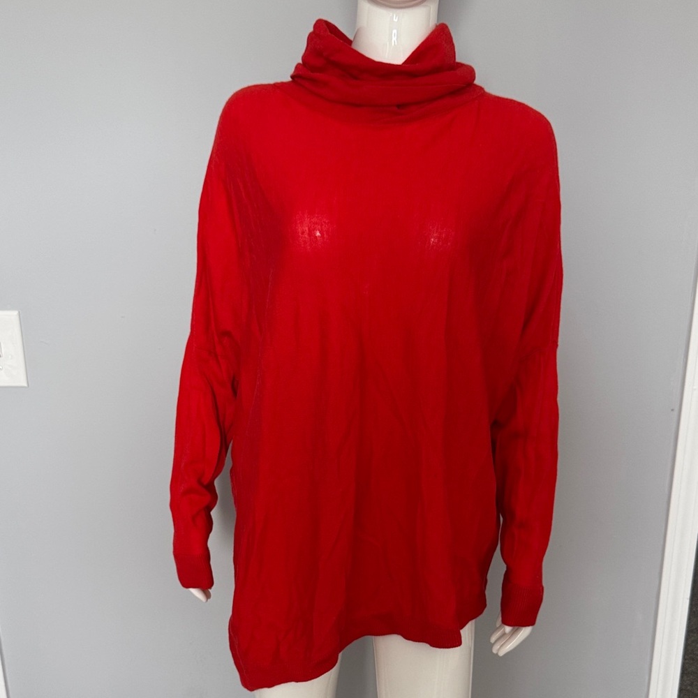 Eileen Fisher Red Cowl Neck Turtleneck Asymmetrical Hem Sweater